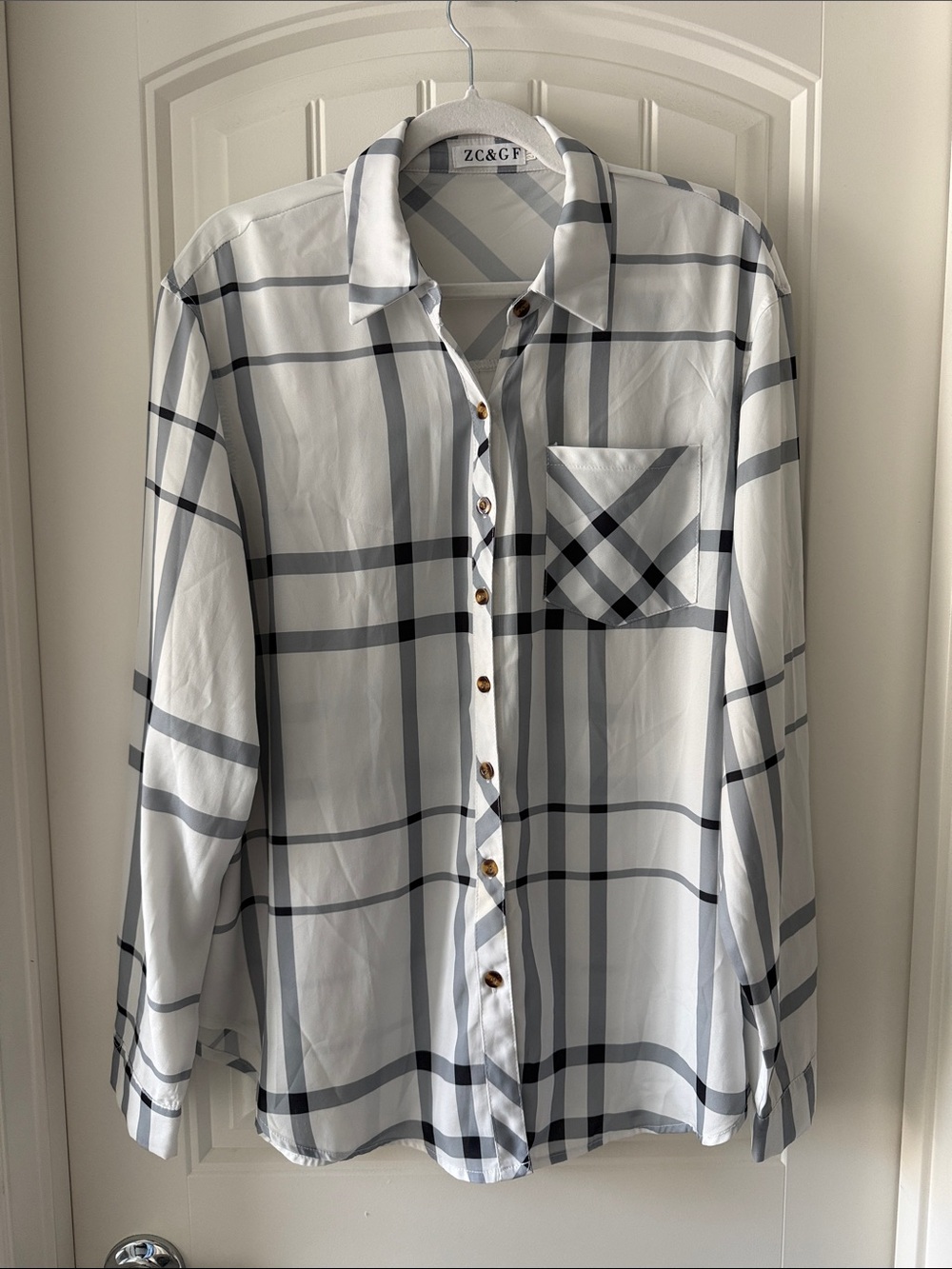 White Grey Black Plaid Button-Down Shirt